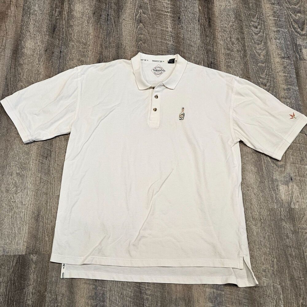 Tobasco Men's White 3-Button Short Sleeve Polo Shirt Size XL Logo 100% Cotton